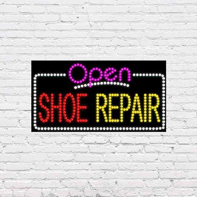 LED Open Shoe Repair Sign for Retail Business Displays | Advertising Electronic Light Up Sign for Windows Walls | 17"h x 31"w x 2"d