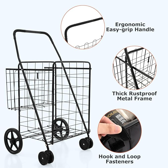 Goplus Folding Shopping Cart for Groceries, Upgraded Jumbo Grocery Cart with Waterproof Liner, 32 Gallon Capacity, 360° Rolling Swivel Wheels and Double Basket, Heavy Duty Foldable Utility Cart