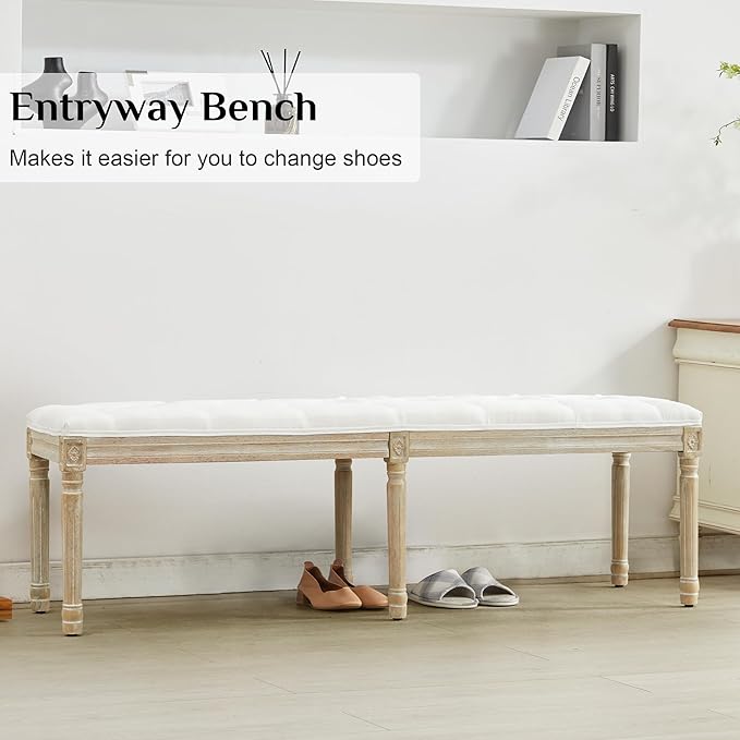 LOULENS 57.7" Linen Fabric End of Bed Bench King Size, French Upholstered Tufted Bench with Carved Wood Legs for Bedroom, Window Seat, Living Room, Entryway, White