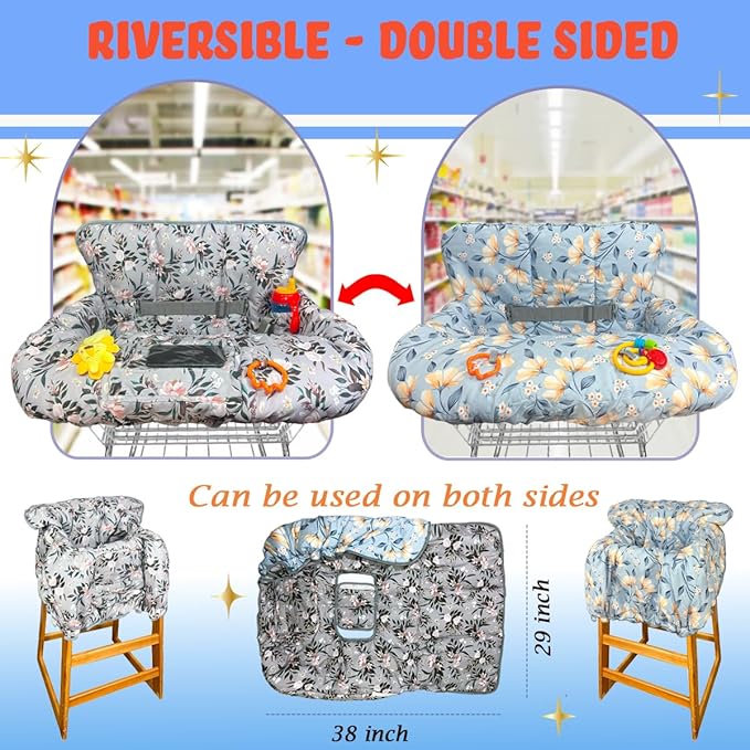 Shopping Cart Cover for Baby, Waterproof Restaurant High Chair Cover - Double Sided Grocery Cart Cover for Baby Boy and Girl -Extra Large - Perfect Baby Registry Gift (Silver)