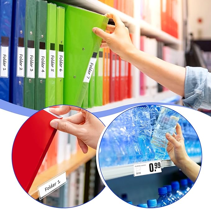 Yexiya 300 Pieces 3 x 1 Inch Label Holder Self Adhesive Clear Plastic Shelf Tag Sticking Price Label Holders with Paper Inserts Bulk for Supermarket School Library Bookshelves Mailbox Storage Bins