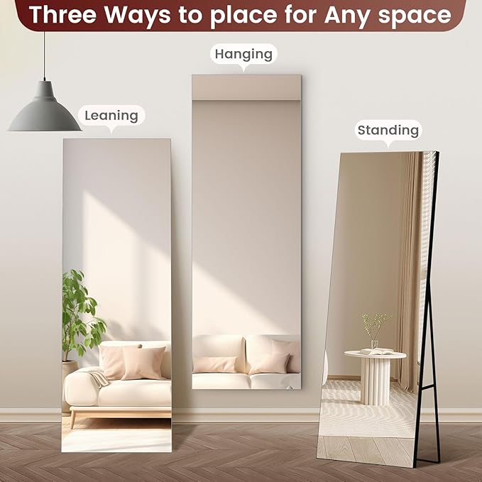 Kosmonia 65x24 Frameless Full Length Silver Coating Mirror w/Distortion Free, HD Reflection &Anti Desilvering, Tempered Glass & Shatter Proof Film Doubling Safety, Easy Setup w/Stand, Wall/Standing