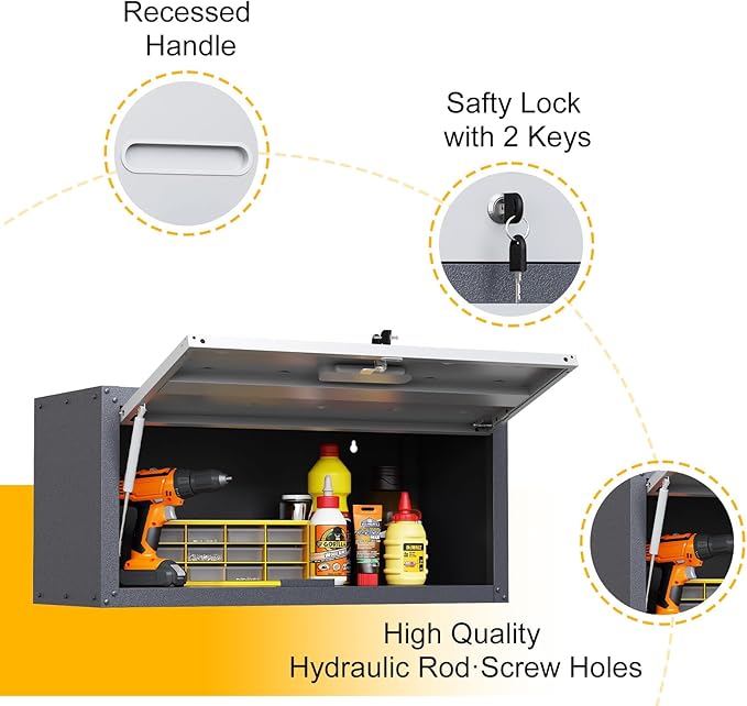 Metal Wall Mounted Cabinet with Up-flip Door, Lockable Heavy-duty Steel Wall Cabinet with lock, Floating Tool Storage Cabinet for Garage, Workshop,Warehouse, Assembly Required (Grey,13.58"H)
