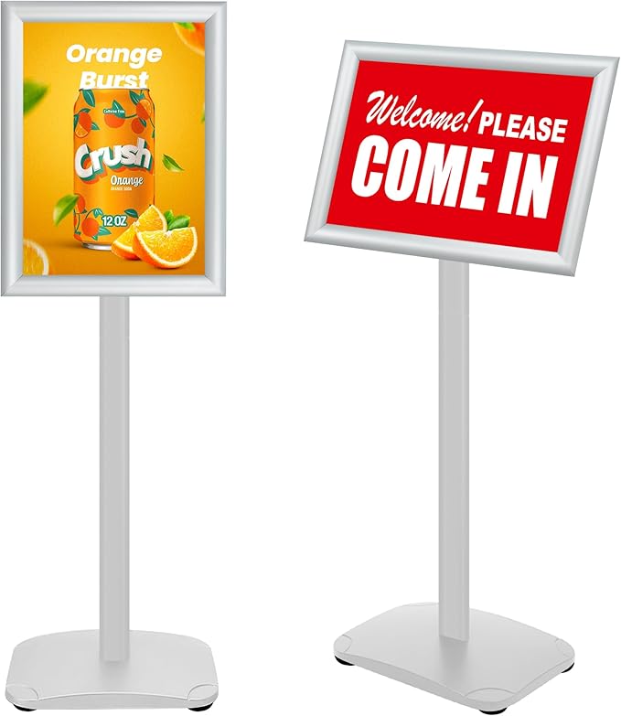 Heavy Duty Standing Sign Holder 8.5x11 Inch - Pedestal Floor Sign Stand with Weighted Base - Vertical & Horizontal View Poster/Menu Holder for Indoor/Outdoor Business Store Advertising, Silver