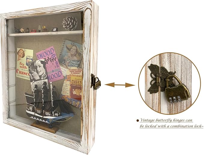 WANLIAN Large Shadow Box with Shelves, 16x20 Wooden Shadow Box Display Cabinet with Acrylic Window ，5 Removable Shelves and Linen Back ，for Displaying Photo Souvenir Collection（Rustic White）