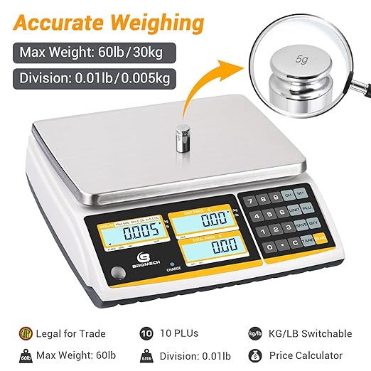 NTEP Certified Scale Price Computing, 60lb Capacity, 0.01lb Readability Rechargeable Commercial Food Produce Scale for Farmers Markets, Grocery Stores, Delis, Legal for Trade, COC #21-001