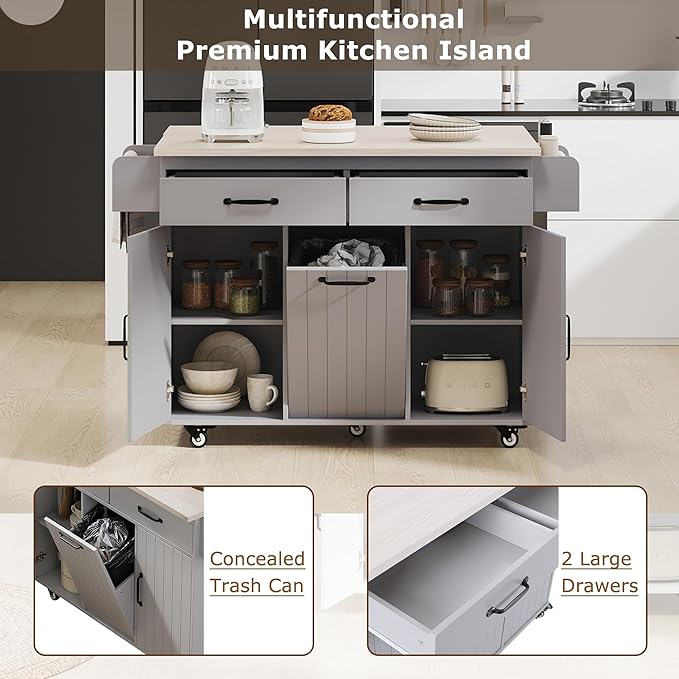 51" Moveable Kitchen Island with Trash Can Storage Cabinet, Kitchen Cart with Drop Leaf, Spice Rack, Towel Rack and Drawer, Rolling Kitchen Island on 5 Wheels with Adjustable Shelf, Grey