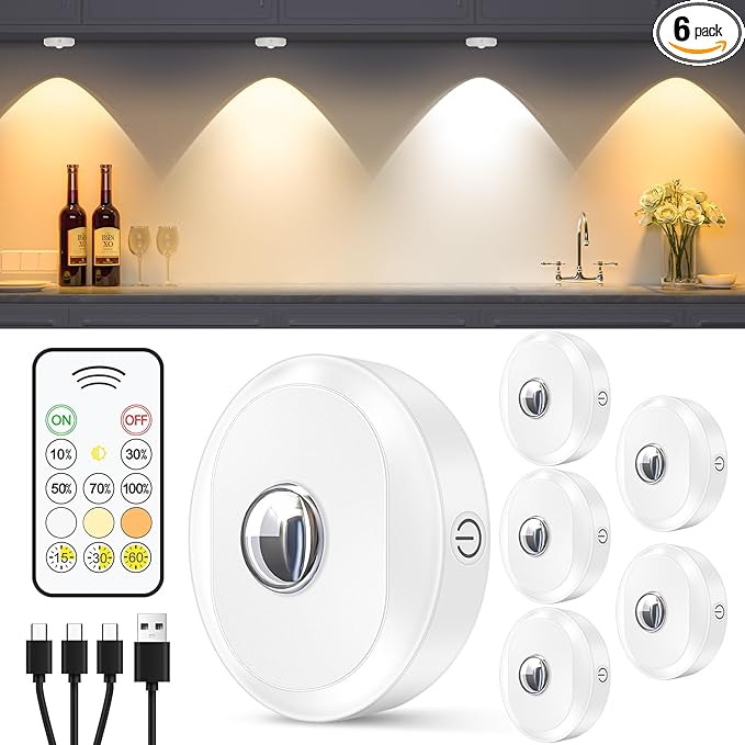 WILLED Rechargeable Puck Lights with Remote Control, 3 Color Temperatures and Timing Function, Dimmable Tap Light, Stick on Under Cabinet Lights, LED Puck Lights for Kitchen, Closet and Shelf(6 Pack)