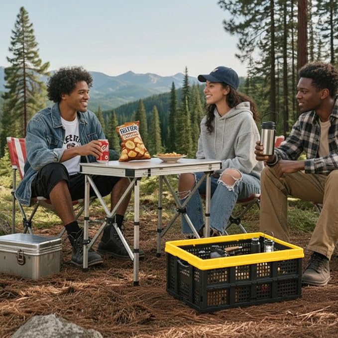 49L Collapsible Crate, Milk Crate for Storage, Foldable Storage Crate, Stackable Crate for Organizing for Home, Shopping, Camping, School, Office, Warehouse, Yellow