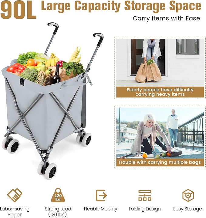 GOFLAME Folding Shopping Cart on Wheels, Waterproof Grocery Cart with Removable Cover and 360° Swiveling Wheels, Collapsible Utility Cart for Groceries and Laundry, 120LBS Load Capacity, Gray