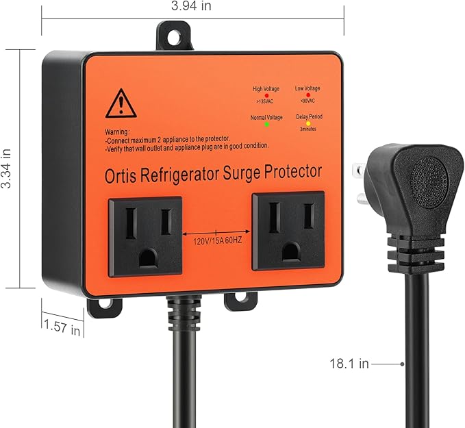 Refrigerator Surge Protector, Ortis Double Outlet Voltage Protector for Home Appliances with Time Delay, Protects Against Brownout, Spike, Instant Surge All Voltage Abnormalities, Orange
