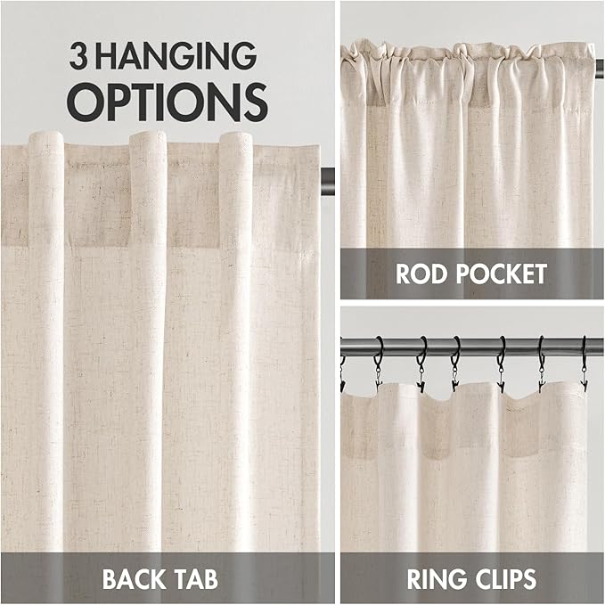MIULEE Non-See-Through Privacy Linen Curtains 2 Panels, Light Filtering Window Curtains Farn House Textured Back Tab Semi Sheer Drapes for Bedroom Living Room, 52 x 108 Inches Long, Cream