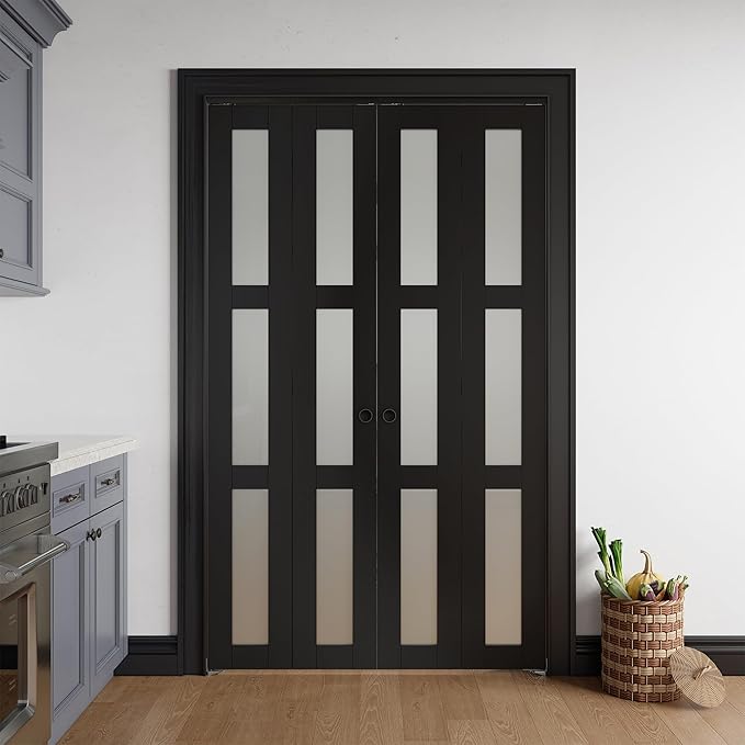 Bifold Doors for 56" x 80" Opening, 3-lite Tempered Frosted Glass Closet Folding Doors with Hardware kit Included, Easy Assembly, Black