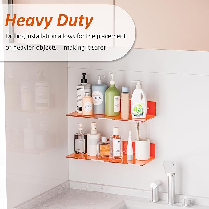 15 Inches Orange Acrylic Wall Shelves 2 Pack, L Shape Floating Shelf, Perspex Wall Mounted Shelves for Home Décor, Model Car, Candle, Calendar, Towel, Tissue