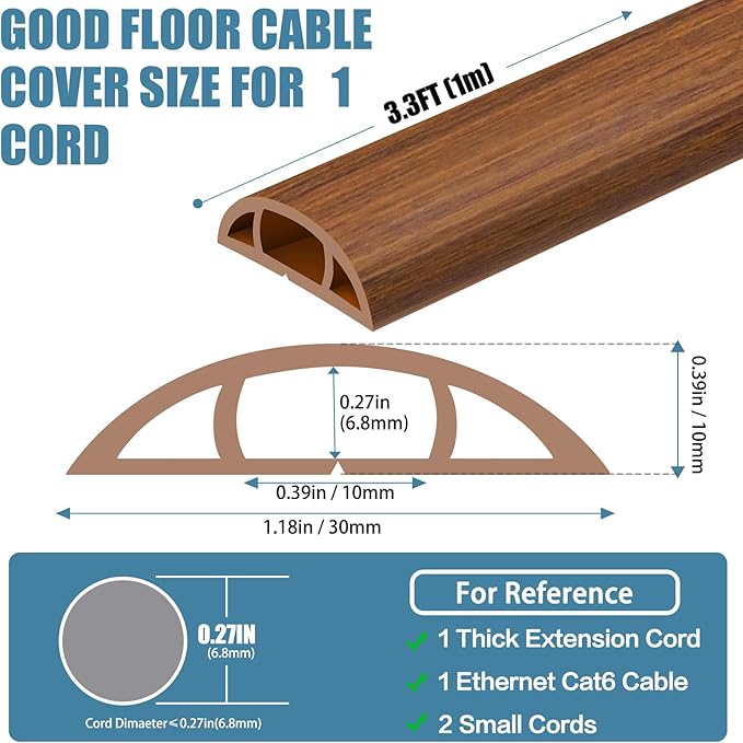 Floor Cord Covers for Wires 3.3FT Cable Hider Wire Cover Self Adhesive Cord Hider Floor for Offices, Homes, Workshops, Warehouses Cable Cavity 0.39" W x 0.27" H
