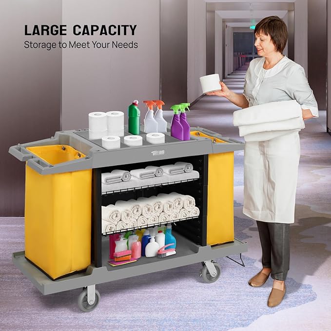 TUFFIOM Industrial Multifunctional Hotel Cart,Commercial Traditional Cleaning Janitorial Room Service Housekeeping Cart, 39" H x 58" W x 21" D