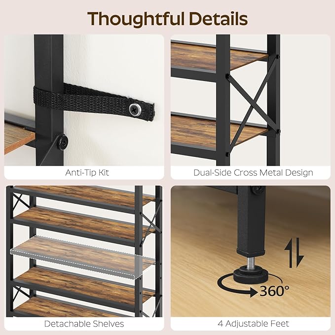 10-Tier Tall Shoe Rack Organizer, Wooden Shoe Storage for Closet Holds 40 Pairs, Sturdy Shoe Shelf with X-Shaped Metal Support, for Entryway, Bedroom, Rustic Brown and Black SS210BR