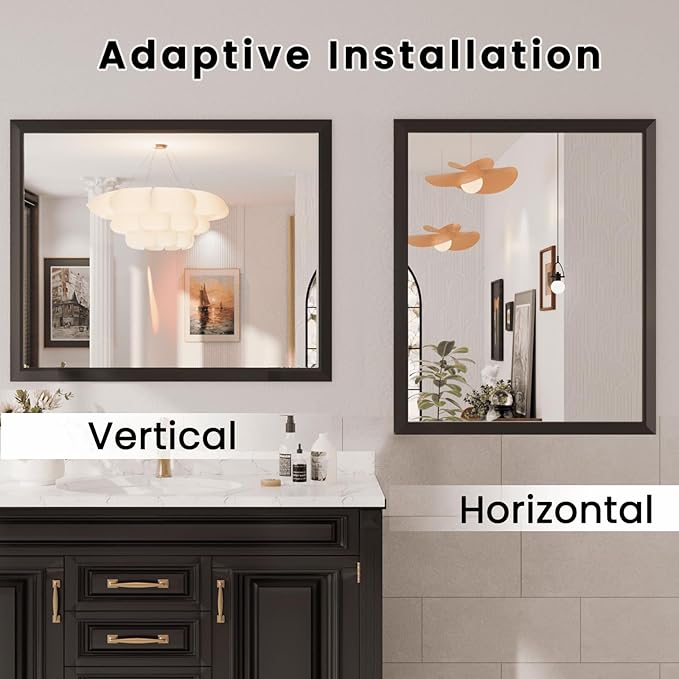 Amorho Bathroom Mirror Black, 44x36 Inch Thick Metal Framed Wall Mirrors, Suitable or Bedroom, Living Room, Entryway, Rectangle Wall-Mounted Mirrors(Horizontal/Vertical).