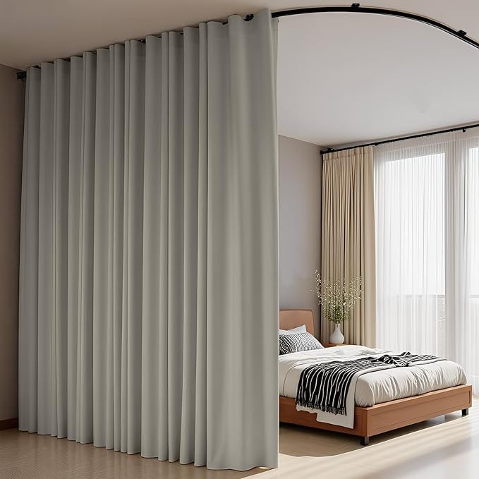 Room Divider Curtains Flexible Ceiling Tracks set Curtain track Ceiling Mount Blackout Curtain for Living Room Bedroom Ceiling Curtain Rod Privacy Dividers Panel W120xH108 Light Grey Drape&Black rail