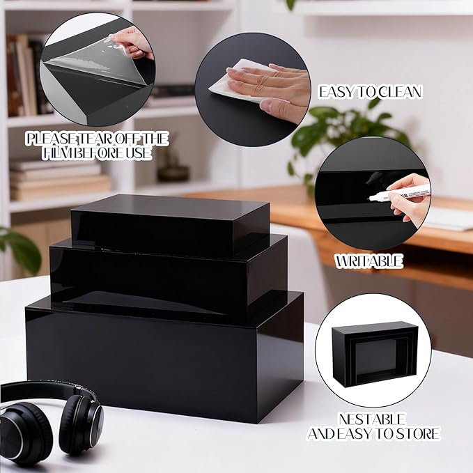 3 Pack Extra Large Acrylic Buffet Risers - 14”, 12”, 10” Black Display Stands with Hollow Bottoms, Cube Riser Boxes Nesting for Dessert Food Catering Buffet Display Party Supplies