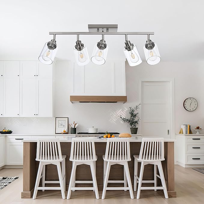 5 Light Track Lighting Kit Brushed Nickel Kitchen Track Lighting Fixtures Ceiling Mount Bathroom Vanity Wall Scones Light Fixture with Clear Glass, Rotatable Spotlight for Kitchen Shop Hallway