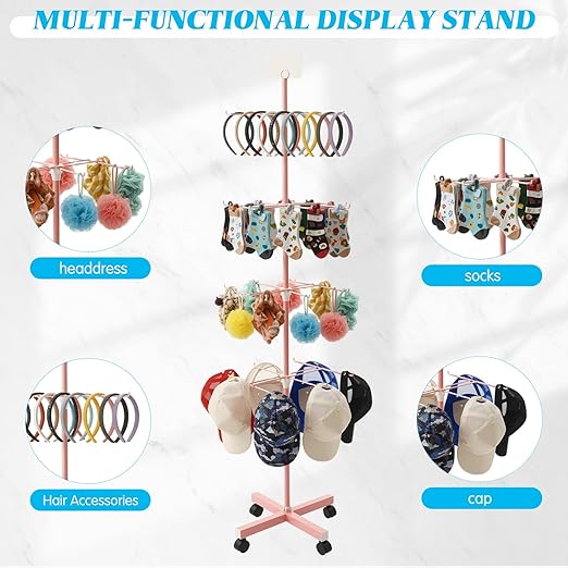Ripeng 2 Pcs Retail Display Stand Rotating Spinner Display Rack Adjustable Jewelry Stand with Wheels for Keychains Earrings Craft Shows Vendor Events & Stores Accessories (4 Tier,Pink)