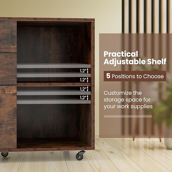 LOKO 3-Drawer File Cabinet, Mobile Printer Stand Cabinet with Adjustable Shelf, Rolling Lateral Filing Cabinet with Wheels for Letter, A4, Legal Size, for Home Office Organization (Rustic Brown)