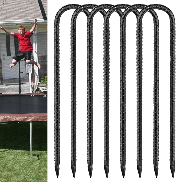 Rebar U Stakes 12 Inch - 6 Pack Black Galvanized Steel Heavy Duty Ground Anchors for Trampoline,Tent,Tarp,Soccer Goal,Garden Stake & Yard Art