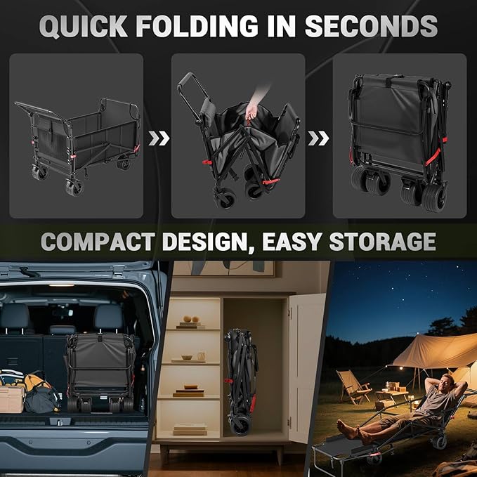 LEVELEVE Heavy Duty Folding Wagon - 2-in-1 Collapsible Cart, 650lb Capacity, All-Terrain Wheels w/Brakes & Side Pockets (Dark Gray)