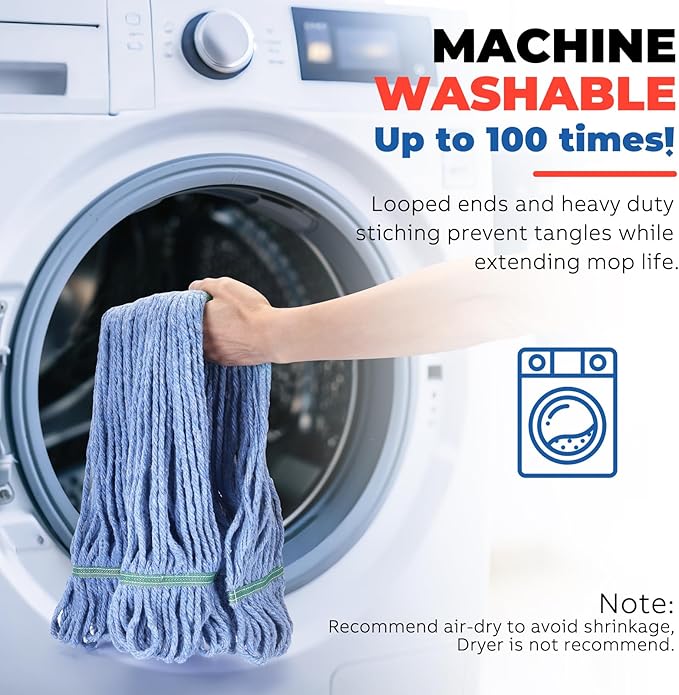 Onesimus 24 oz Mop Head Replacement, Industrial Mops for Floor Cleaning Heavy Duty 4-Ply Cotton Blend Looped End Wet Mop Refills 1.25 in Universal Headband, X-Large Blue, Case Pack 12 Pcs