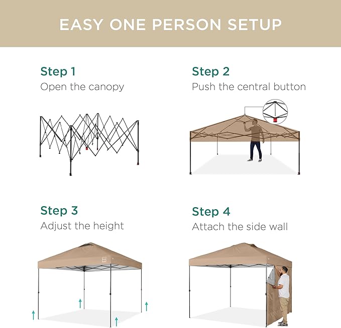 Best Choice Products 10x10ft Easy Pop Up Canopy w/Side Wall, 10 Pockets, Portable Carrying Case, 1-Button Setup, 4 Weight Bags - Tan