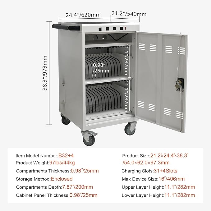 Laptop Charging Cart,35 Devices Tablet Storage Carts for pad Up to 16.3" Screen Size, Classroom Computer Mobile Charging Station for Pads, Chromebooks,Laptops, Security Storage(31+4 Bay-White)