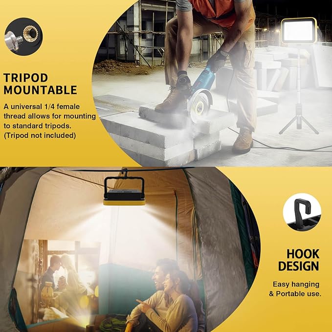 2-Pack Rechargeable Work Lights, COB Outdoor Portable LED Flood Light, Battery Operated Work Lights with Stand, Waterproof Working Light for Job Site Garage Camping Car Repair