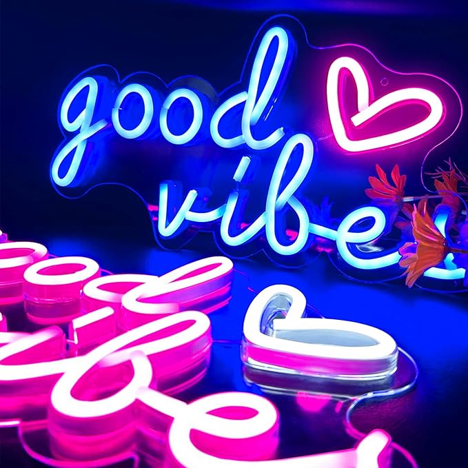 Blue Good Vibes Neon Signs for Wall Decor, Room Decor Aesthetic Good Vibes Neon Light Blue, USB Powered Game LED Sign for Bedroom, Gamer Light up Sign for Christmas Teen Boys Girls Men Cave