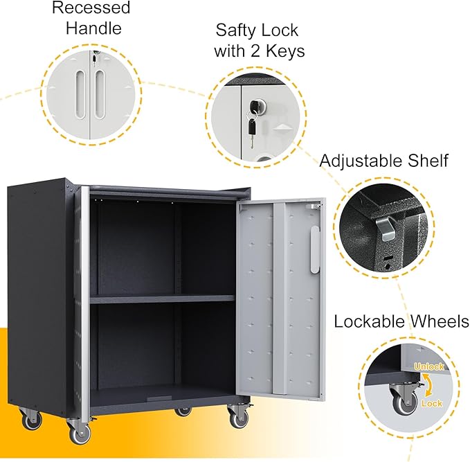 Metal Storage Cabinet with Wheels, Lockable Rolling Tool Chest with Adjustable Shelf & Handle & 2-Doors, Mobile Steel Locker for Garage, Home, Office, School, Assembly Required, Black&Grey