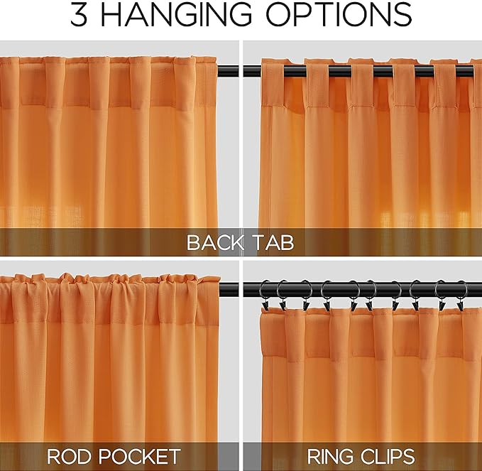 Orange Linen Blend Drapes 84 Inch Length 2 Panels Set Back Tab Rod Pocket Light Filtering Privacy Semi Sheer Textured Curtains Neutral Farmhouse Decor Curtains for Living Room Bedroom 52x84