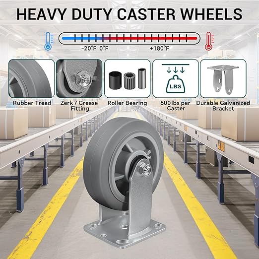 6'' × 2'' Caster Wheels, Heavy Duty Industrial Casters Set of 4 Rubber Wheels, Load 3600lbs Capacity, Casters for Cart Dolly Toolbox Trolley (4 Rigid)