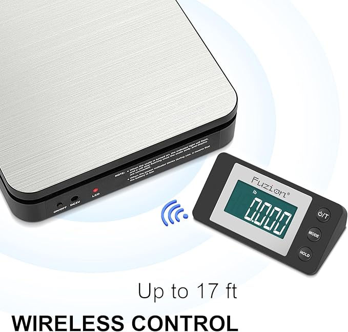 Fuzion Shipping Scale - Wireless Postal Scale 110LB x 0.1oz, Large LCD Display, 5 Units, Digital Scale for Packages - Dual Power Options (Batteries & Adapters)