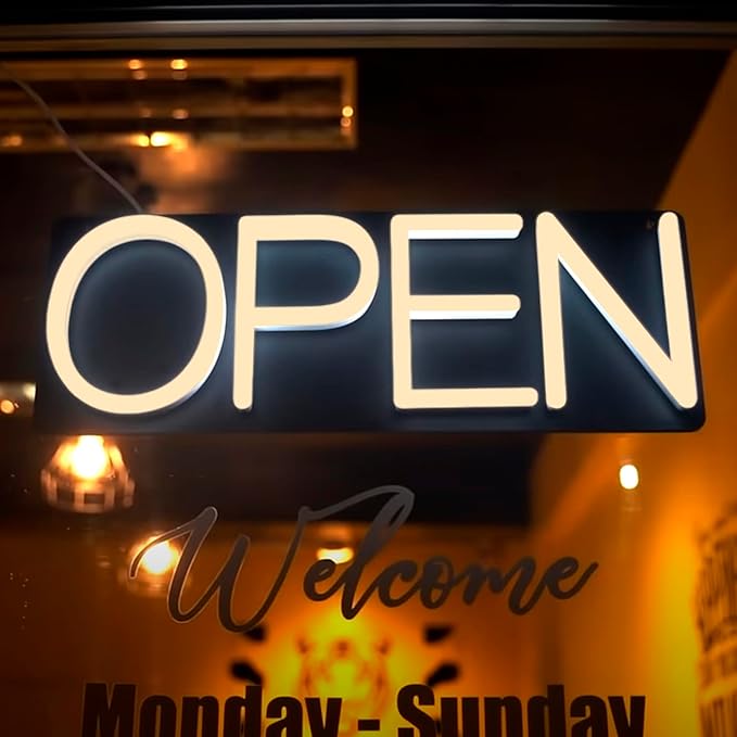 HiNeon Neon Open Sign 20inx7in LED Open Sign w/Remote Controller, Electric Light Up Open Sign for Business Store, w/Hanging Chain for Shop Windows, Direct Plug-In w/ 12V Power Adapter, Warm White