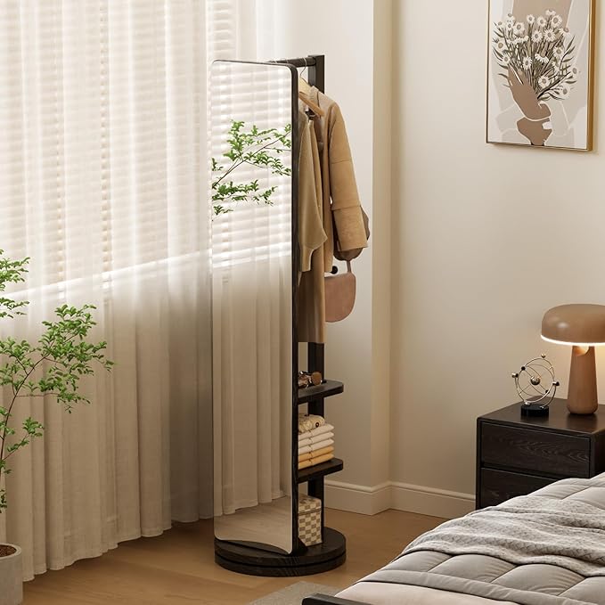 WoodsWhisper Full Length Mirror Coat Rack Solid Wood Floor Mirror 66"x12" Full Length Mirror with Stand Long Mirrors for Bedroom,Living Room