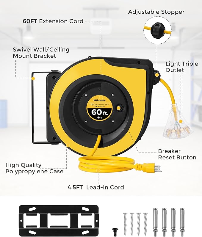 Retractable Cord Reel, 60 FT Heavy Duty Extension Cord, 12AWG/3C SJTOW, 3 Grounded Outlets Lighted Triple Tap, 15A Circuit Breaker, Wall/Ceiling Mounted, UL Listed, Yellow Y60CR06