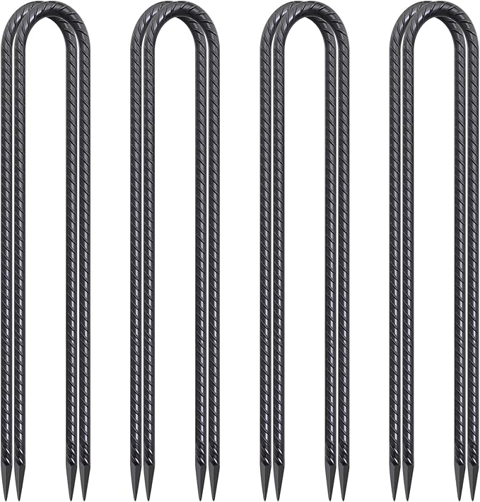24 Inch Trampoline Stakes High Wind, 3/8 Inch Diameter Rebar Tent Anchors 8 Pack Heavy Duty U Stakes for Ground, Chain Link Fence, Swing Set, Soccer Goal (Black)