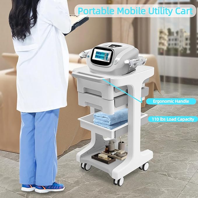 Professional 3-Tier 2-Drawer Salon Trolley Cart with Wheels Utility Cart with Drawers Mobile Storage Cart, Max 50kg/110lb Load, 16.14 * 16.14 * 26.38in (Grey)