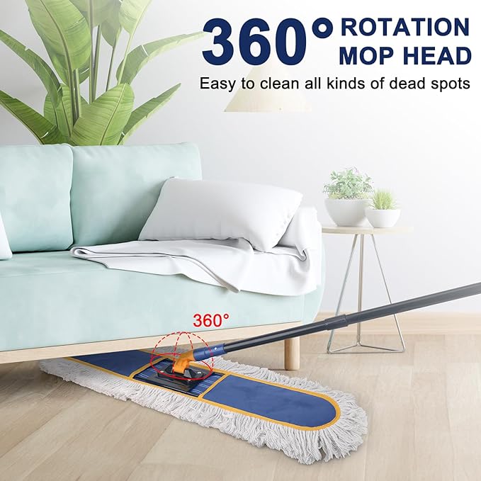 KeFanta 36" Commercial Dust Mops for Floor Cleaning,Industrial Dry Wet Mop with Heavy Duty Long Handle,2 Large Cotton Washable Mop Pads,for Hardwood,Tile,Concrete,Laminate,Garage Floors(Blue)