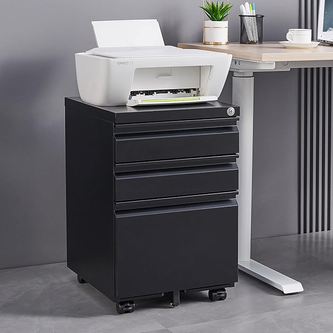 3-Drawer Lockable Mobile File Cabinet – Metal A4/Letter/Legal Size Storage for Home/Office, Pre-Assembled, Space-Saving Under-Desk Cabinet with Wheels (Black)
