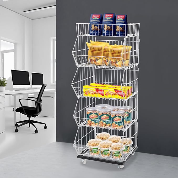 5 Tier Retail Display Rack, Rolling Storage Rack 5 Layers 18.9*17.72*55.12in Metal Display Shelf Fruit Vegetable Snack Basket Storage Supplies for Home Store Market (White, 48*45*140cm)