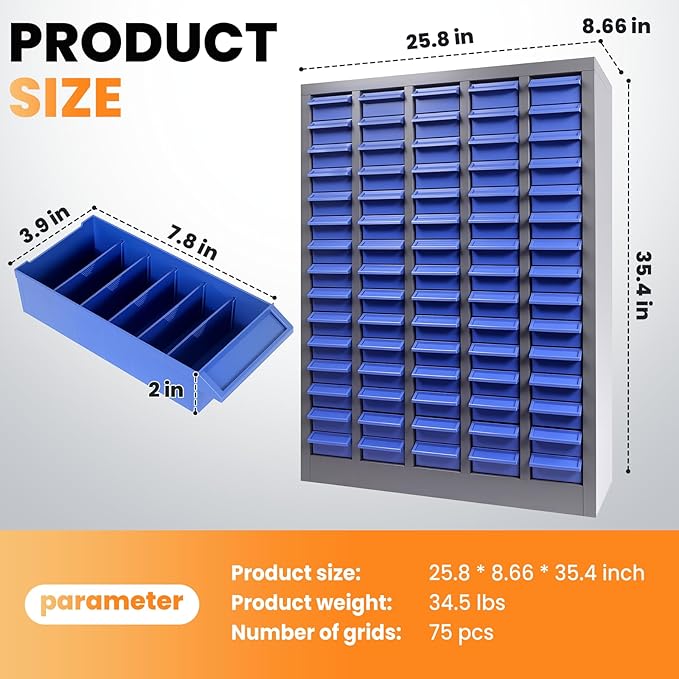 75 Drawers Alloy Steel Nut and Bolt Organizer, Parts Cabinet with Adjustable Shelves and Label Stickers, Bolt Organizer for Nuts Bolts Parts Screws Small Items