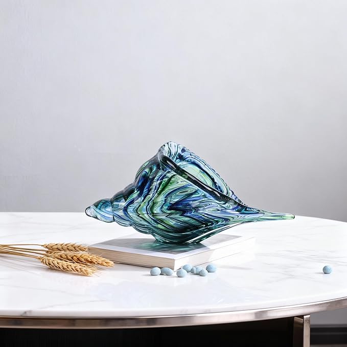 DOVDOV Hand-Blown Glass Conch Sculpture, Green sea Glass Art Shell Statue, Coastal Decor Theme Suitable for Rooms, Living Rooms, Offices, Coffee Tables, TV Stands, and Shelf displays.