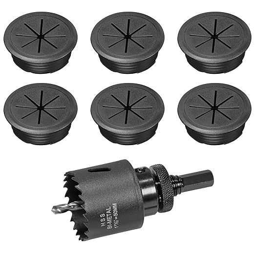 2" Black Desk Grommet, JTemgle Flexible Cable Grommet with Bi-Metal Hole Saw Plastic Cable Hole Cover Wire Organizer Caps Desktop Cord Management for Home Office TV Stands Tabletops, 7 Pieces