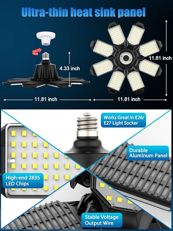 TANBABY 260W LED Garage Lights 2 Pack, Total 52000LM Deformable Ceiling Light with 8+1 Adjustable Panels, E26/E27 Screw-in Bulbs for Basement & Attic, Gift for Men